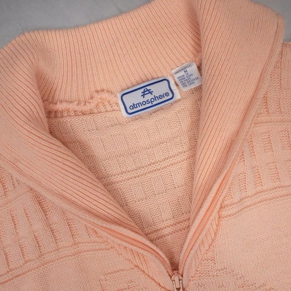 Vintage Atmosphere Ski Sweater 3/4 Zipper V Neck Blush Peach Cable Knit Size M - Picture 3 of 5